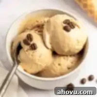 A bowl filled with three scoops of coffee ice cream.