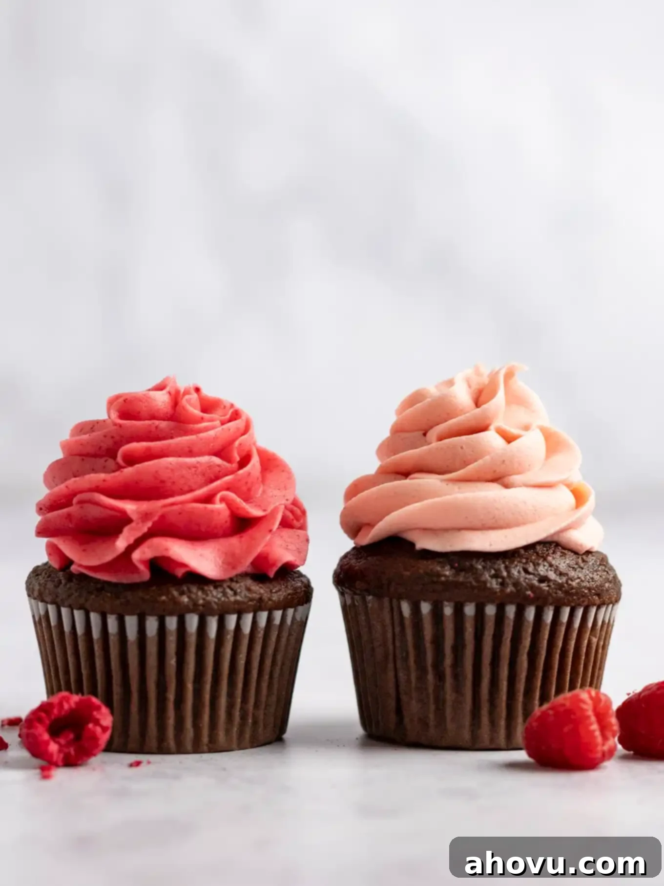 Two chocolate cupcakes topped with raspberry frosting, sitting side by side. 