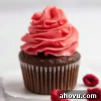 A chocolate cupcake topped with raspberry frosting.