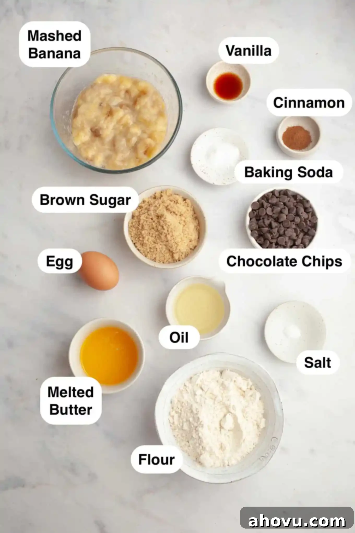An overhead view of all the essential ingredients neatly arranged for making a batch of delicious banana and chocolate chip muffins.