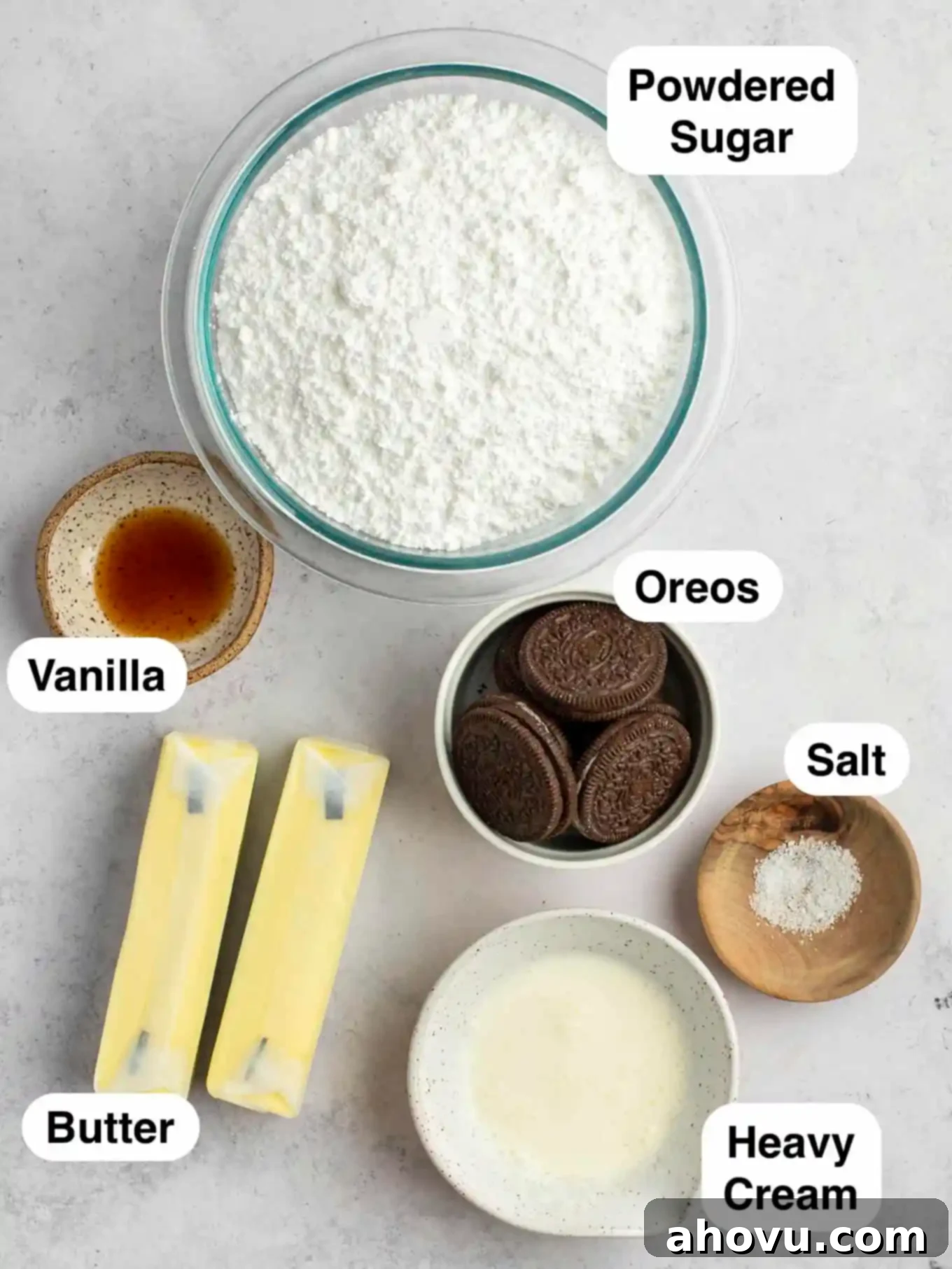 An overhead view of the ingredients needed for Oreo buttercream frosting. 