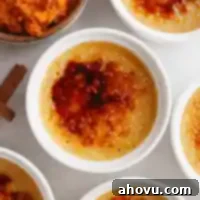 An overhead view of finished pumpkin creme brûlée with a golden caramelized crust.