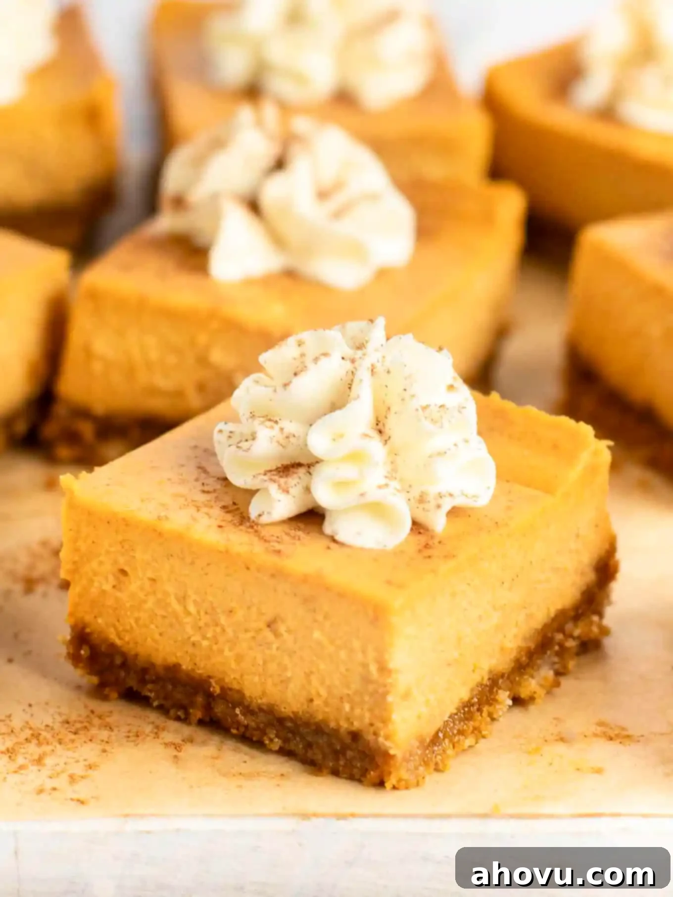 A close-up view of a pumpkin cheesecake bar garnished with a swirl of whipped cream and a dusting of pumpkin pie spice, ready to be enjoyed.