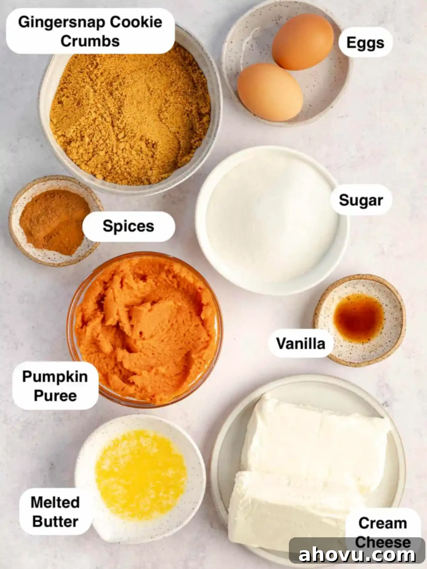 An overhead view of the carefully arranged ingredients required to bake delicious pumpkin cheesecake bars, including gingersnap cookies, cream cheese, pumpkin puree, and spices.