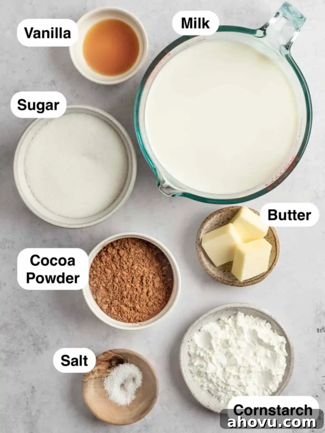 Decadent Chocolate Delight 3 An overhead view of the ingredients needed to make chocolate pudding from scratch.