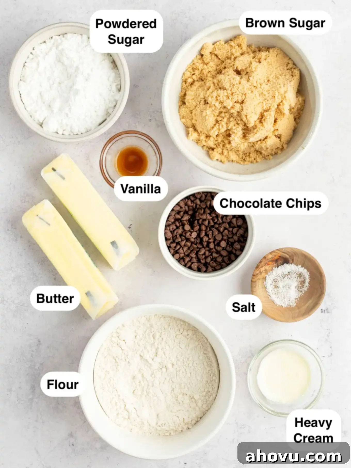 An inviting overhead view showcasing all the fresh, high-quality ingredients ready to be transformed into a batch of homemade chocolate chip cookie dough frosting.