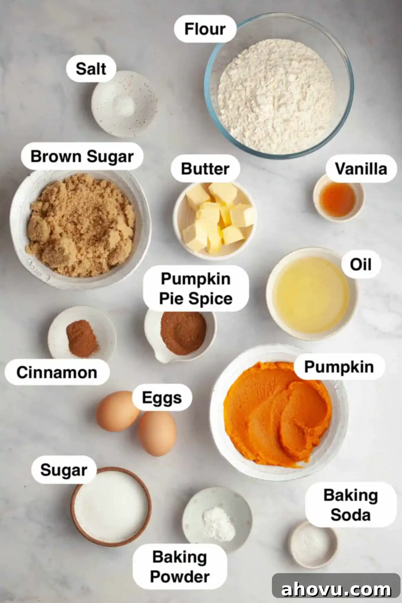 An overhead view of the ingredients needed to make pumpkin coffee cake with streusel topping. 