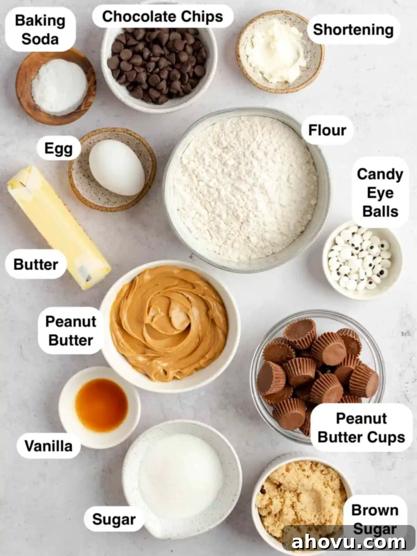 Creepy Crawly Cookie Bites 3 An overhead view of the ingredients needed to make peanut butter spider cookies.