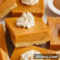 Harvest Spice Pumpkin Bars 12 Several pumpkin pie bars topped with whipped cream.