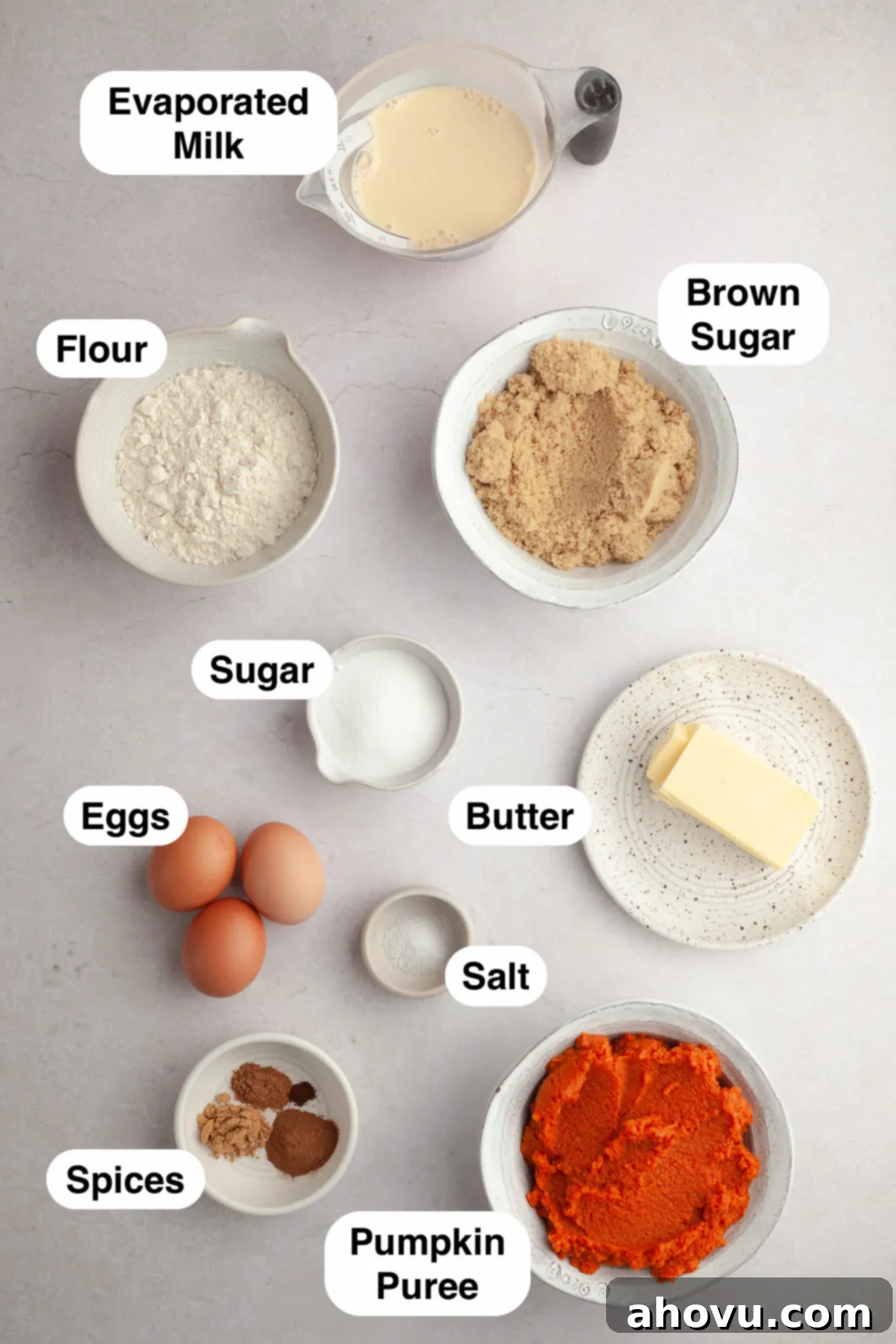 Harvest Spice Pumpkin Bars 3 An overhead view of the ingredients needed to make pumpkin pie bars with shortbread crust.
