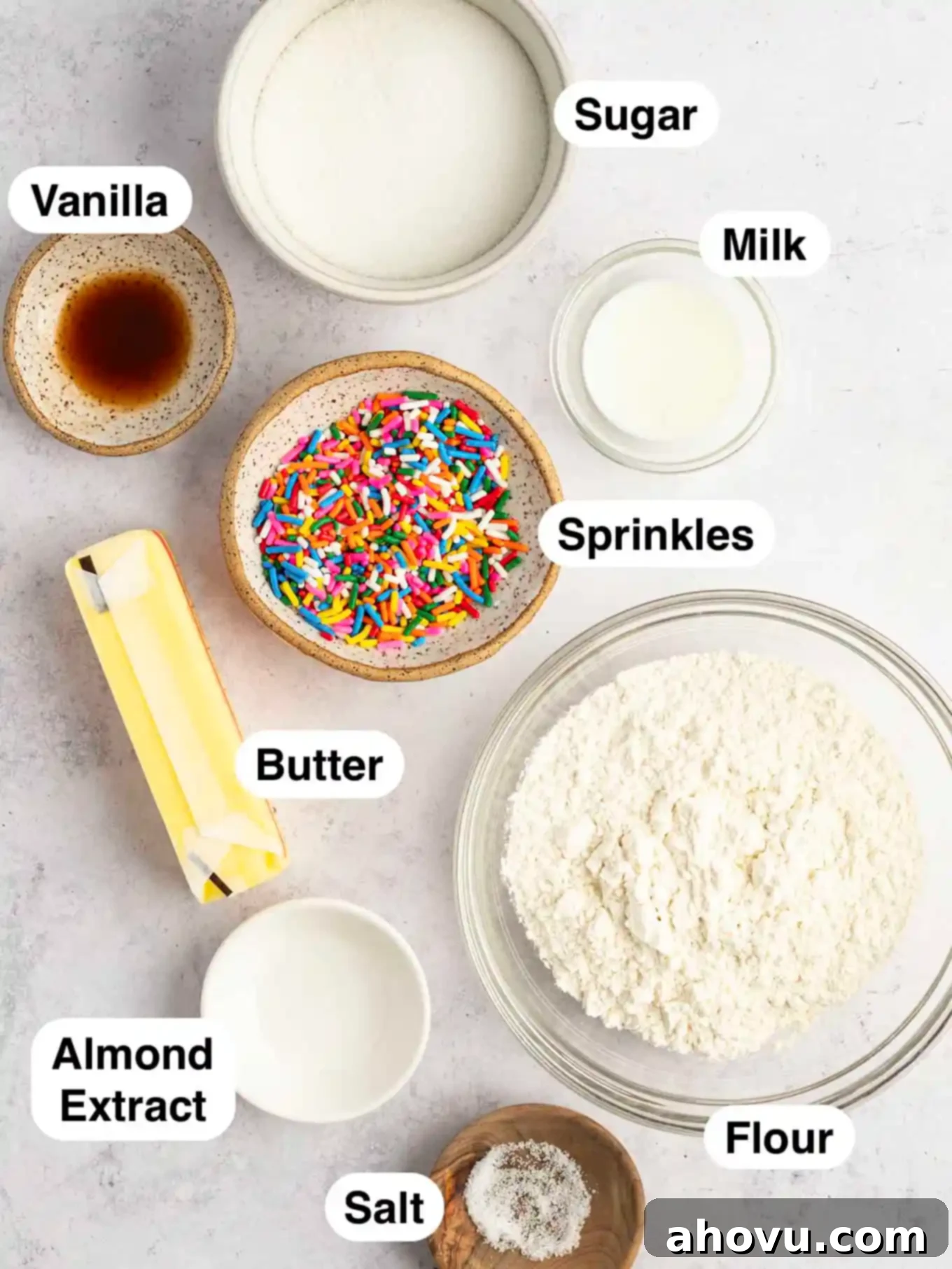 Guilt-Free Sugar Cookie Dough 3 An overhead shot showcasing the key ingredients for edible sugar cookie dough laid out on a clean surface.