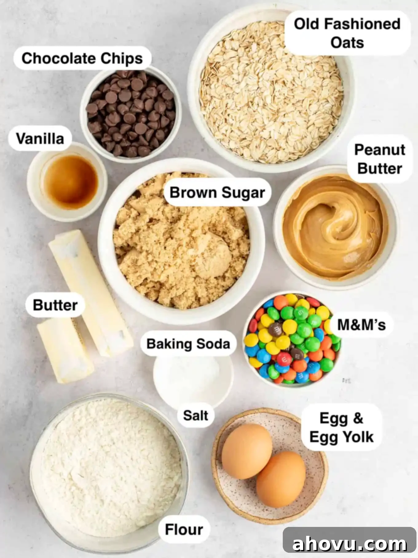 An overhead view of the ingredients used in monster cookie bars. 