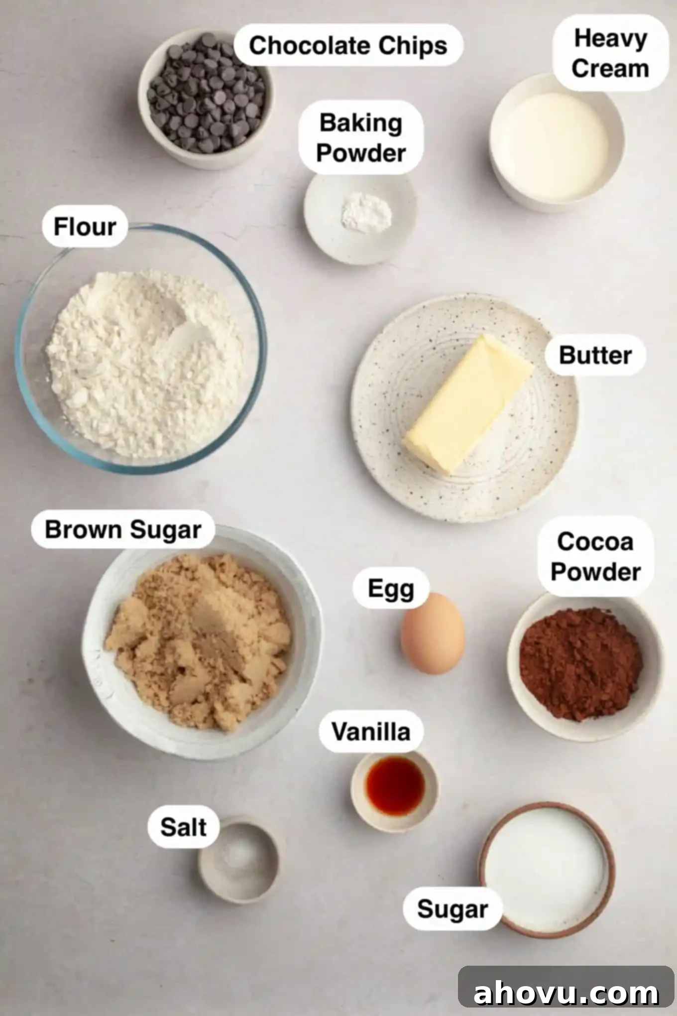 Irresistible Chocolate Thumbprint Cookies 3 An overhead view of the ingredients needed to make chocolate thumbprint cookies.