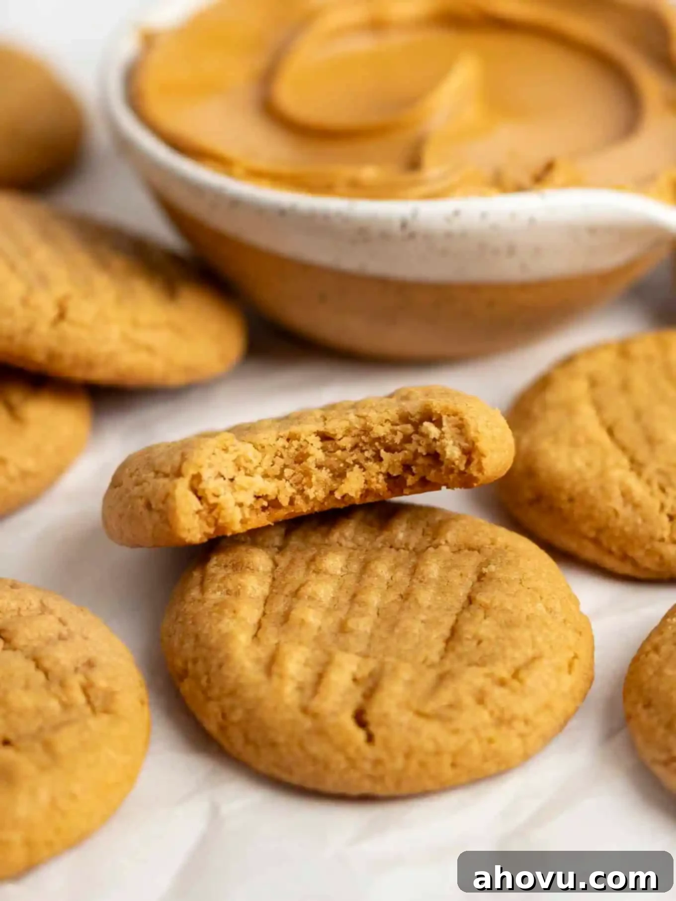 A peanut butter cookie with a bite missing resting on another cookie. 
