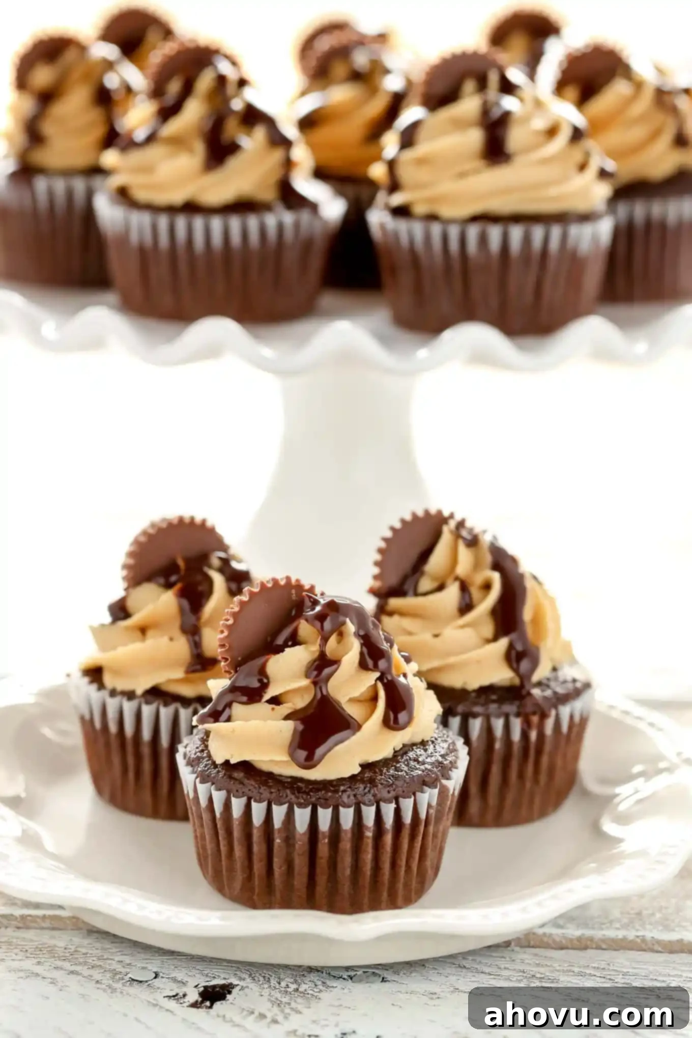 Three perfectly decorated chocolate peanut butter cupcakes on a white plate, with a full cake stand of cupcakes blurred in the background, showcasing the final delicious product.