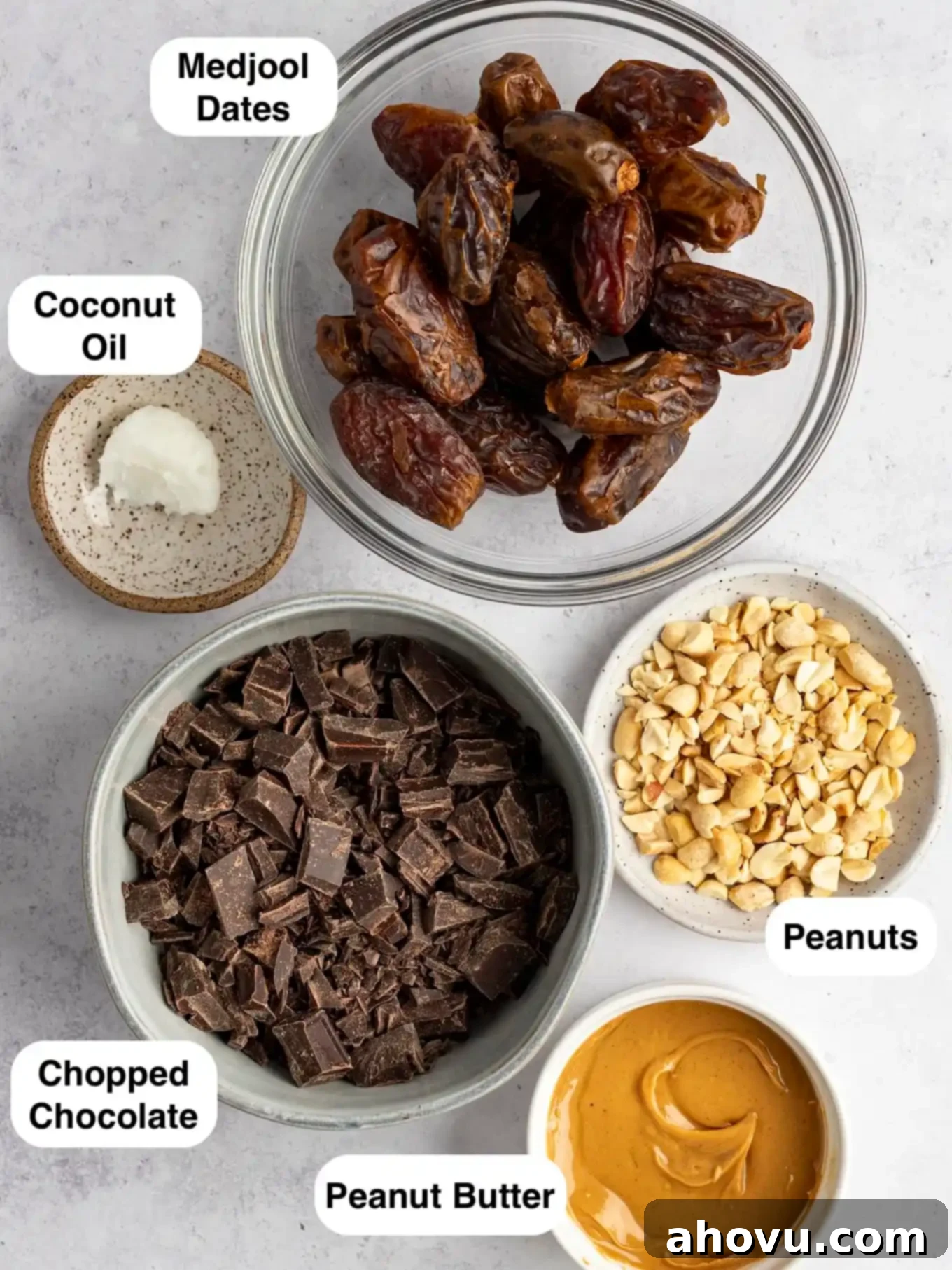 An overhead view of the ingredients needed to make date Snickers. 