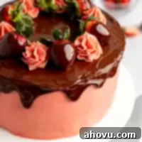 An angled overhead view of a chocolate strawberry cake topped with ganache and dipped strawberries.