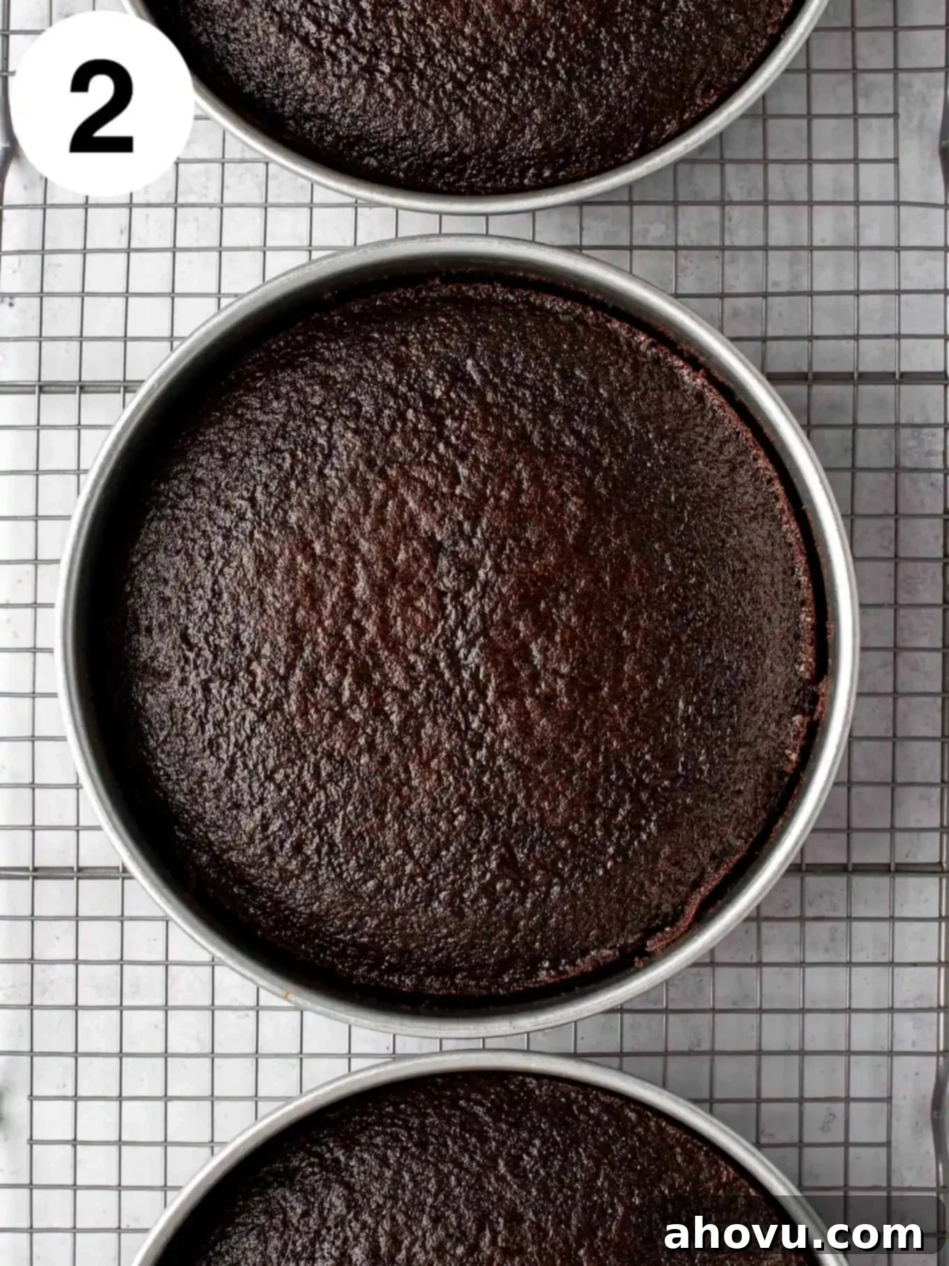 An overhead view of three chocolate cake layers on a wire rack. 