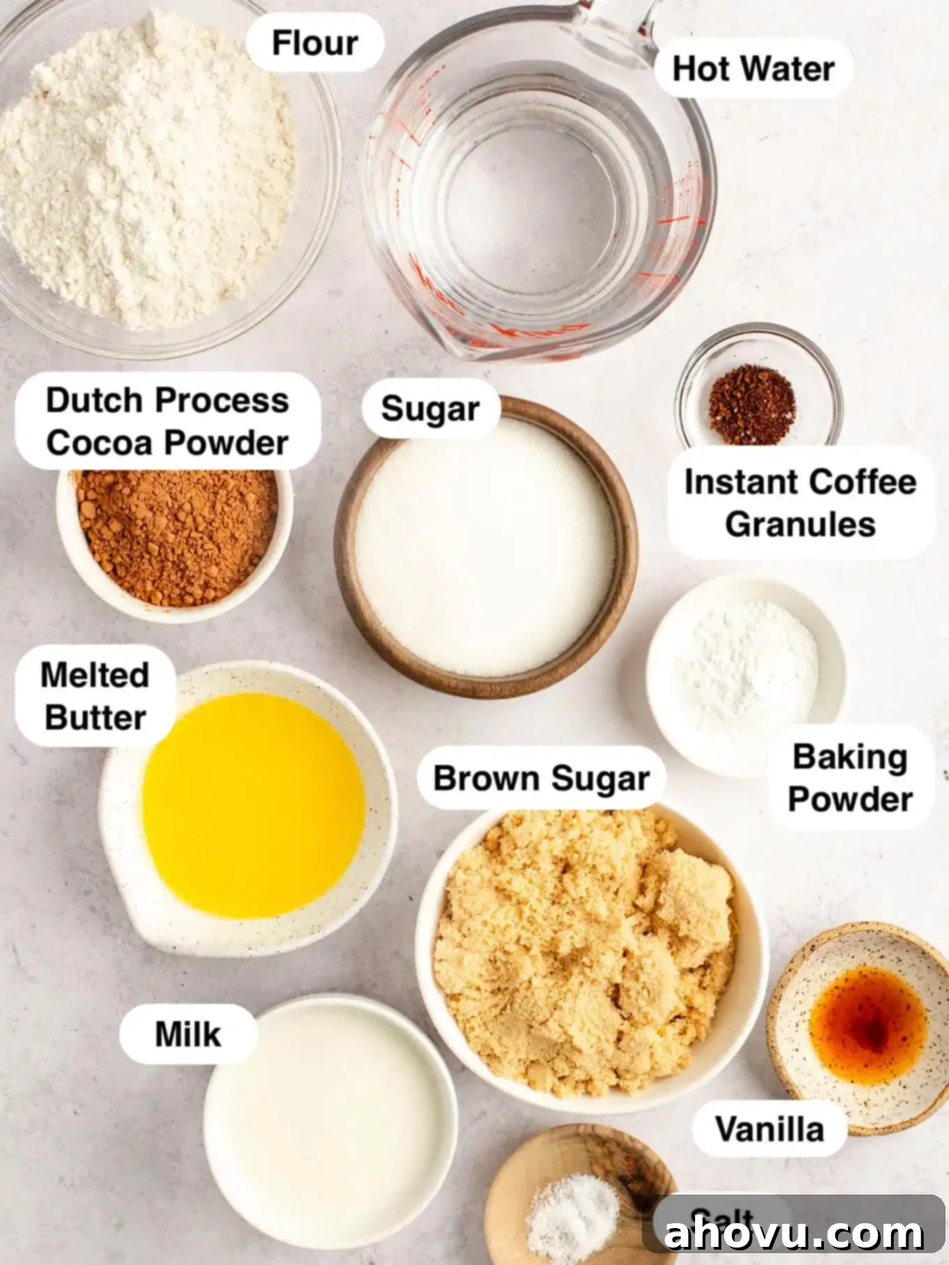 Decadent Chocolate Pudding Cake 3 An overhead view of the ingredients needed for old fashioned chocolate pudding cake.