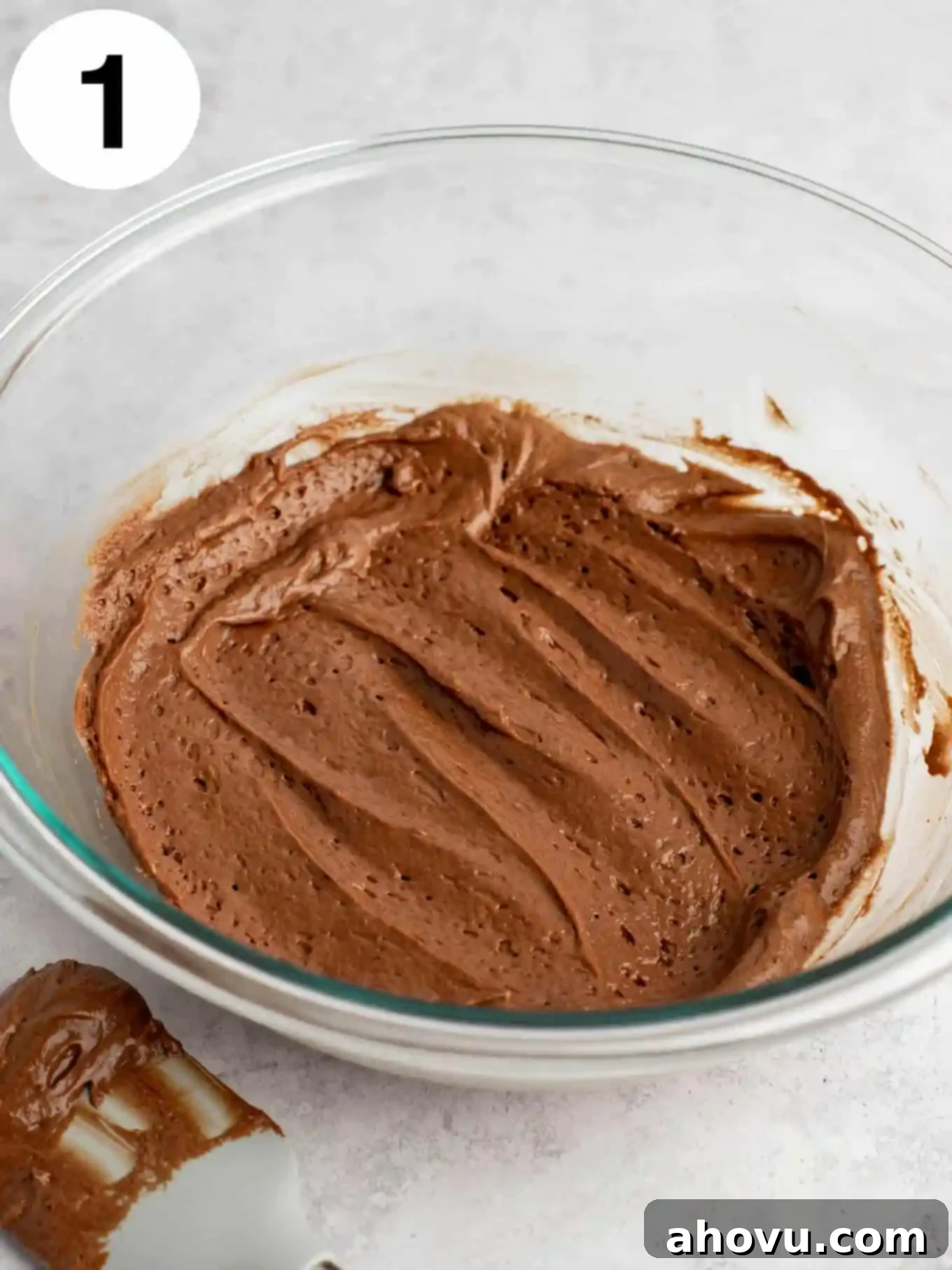 Decadent Chocolate Pudding Cake 4 Chocolate cake batter in a glass mixing bowl.
