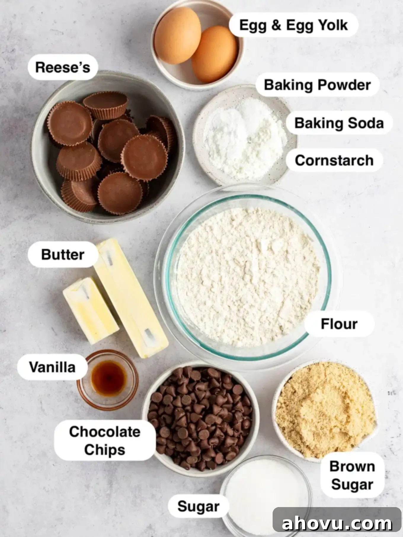 Reese's Peanut Butter Explosion Cookies 3 An overhead view of the ingredients needed to make chocolate chip cookies with Reese's stuffed in the middle.