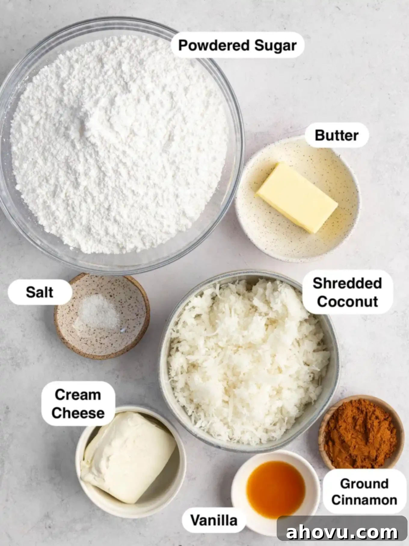 An overhead view of all the fresh ingredients needed for making Irish potato candy, neatly arranged.