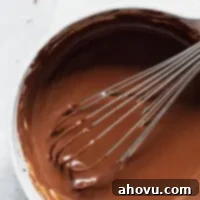 A white mixing bowl filled with glossy, smooth chocolate ganache that has been perfectly mixed.