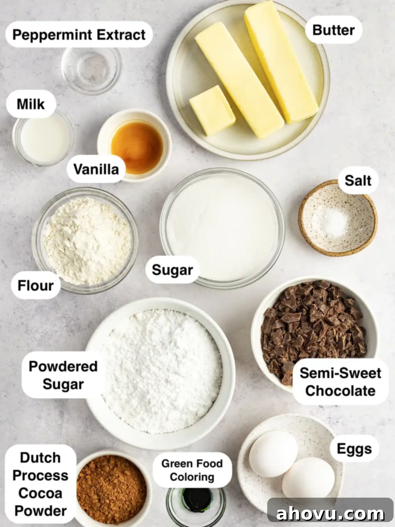 Decadent Mint Chocolate Brownies 3 An overhead view showcasing all the fresh, high-quality ingredients needed to create perfect mint brownies, laid out neatly on a surface.