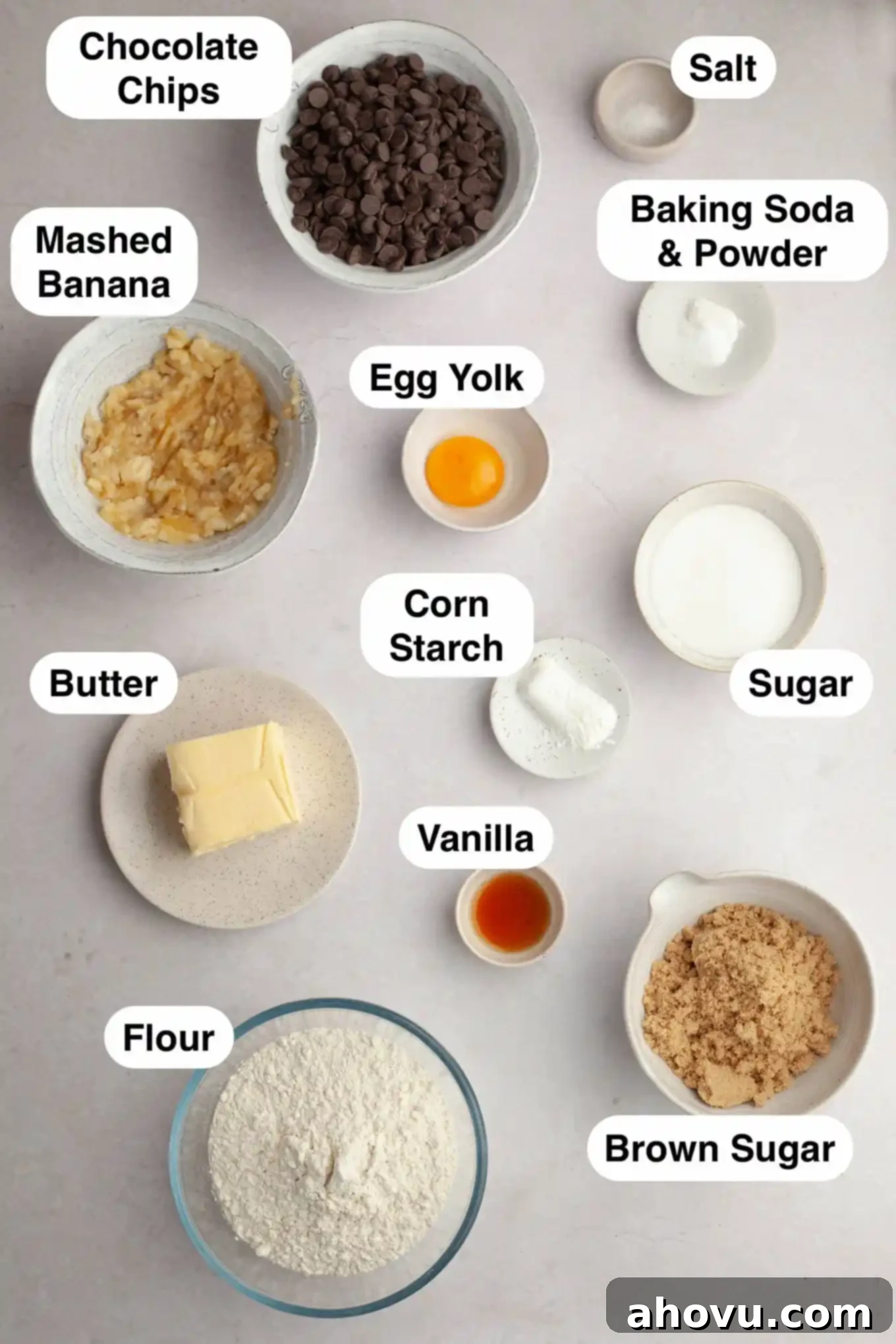 Irresistible Banana Chocolate Chip Cookies 3 An overhead view of the ingredients needed to make these amazing banana chocolate chip cookies, including bananas, chocolate chips, flour, and butter.