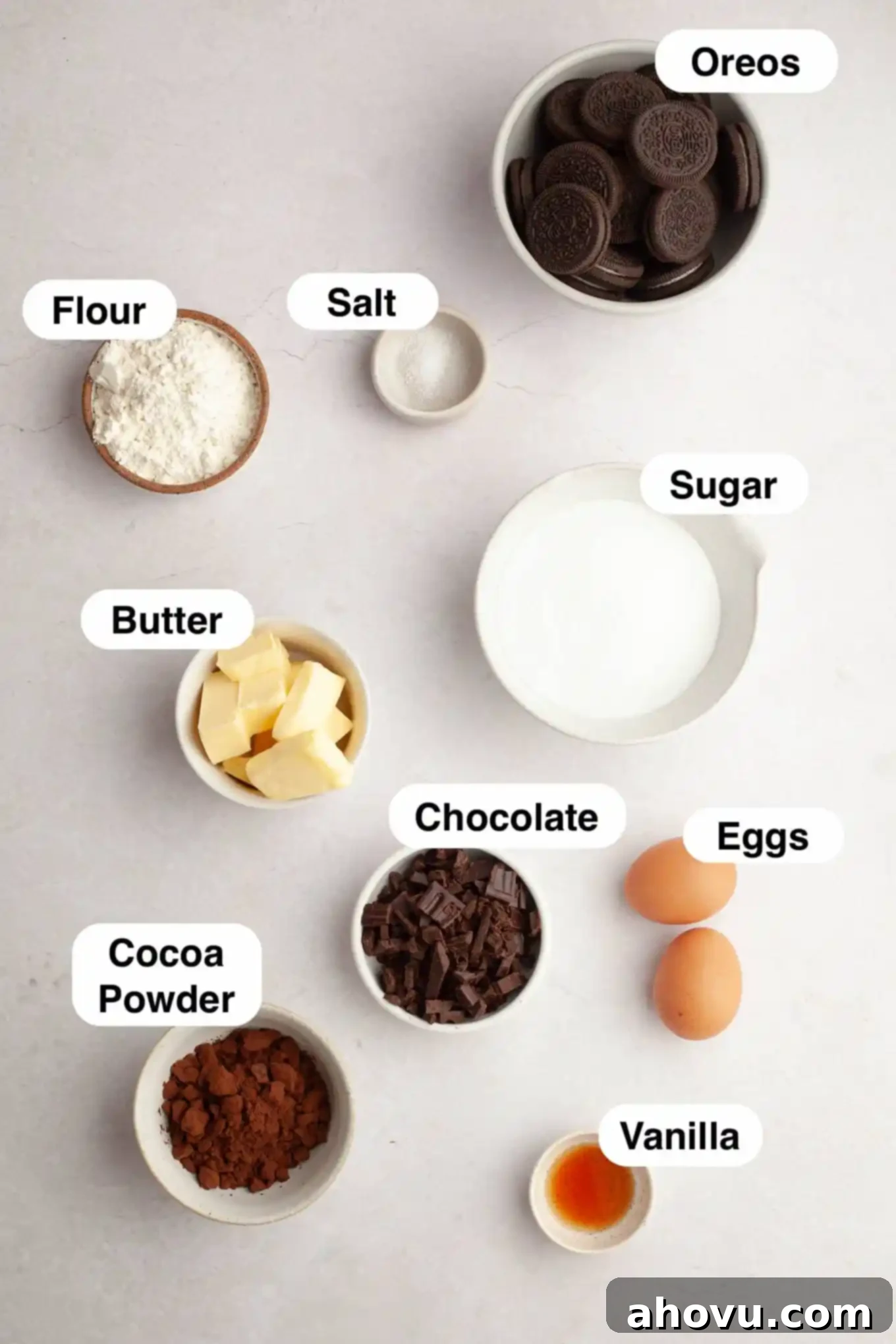 Ultimate Oreo Brownies 3 An overhead view of the ingredients needed to make brownies with Oreos.