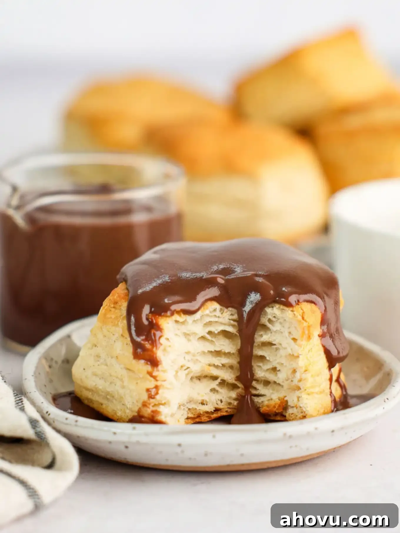 An side view of a biscuit topped with chocolate gravy. A bite is missing. 