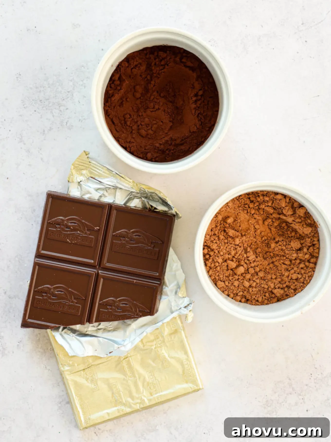 Decadent Chocolate Delight 4 Overhead view of finely chopped chocolate and unsweetened cocoa powder, essential for a deep chocolate flavor.