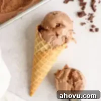Decadent Chocolate Delight 10 A scoop of rich chocolate ice cream nestled in a crispy waffle cone, a perfect homemade treat.