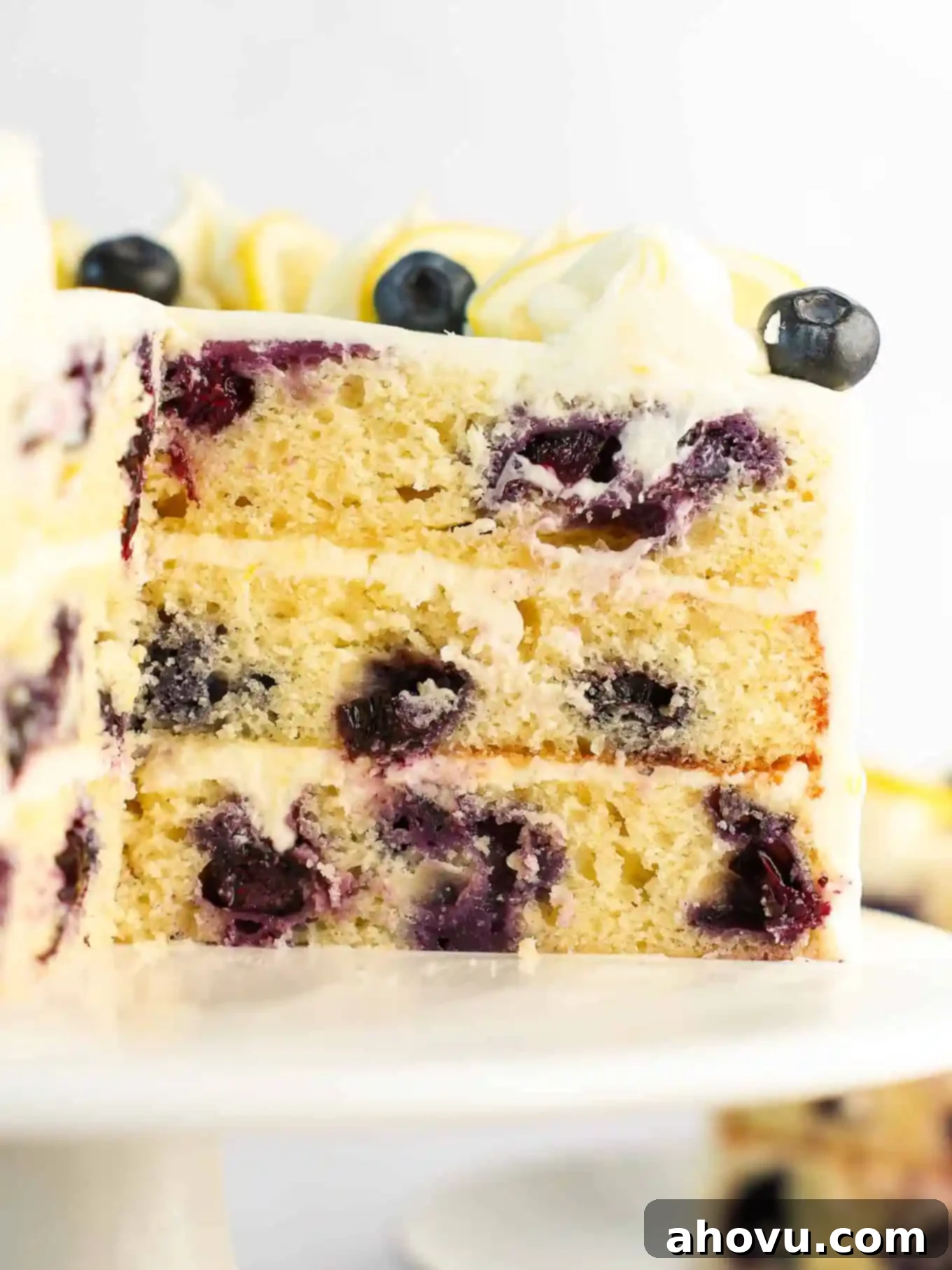A perfectly sliced three-layer lemon blueberry cake on a white plate, revealing the moist crumb, blueberries, and layers of frosting.