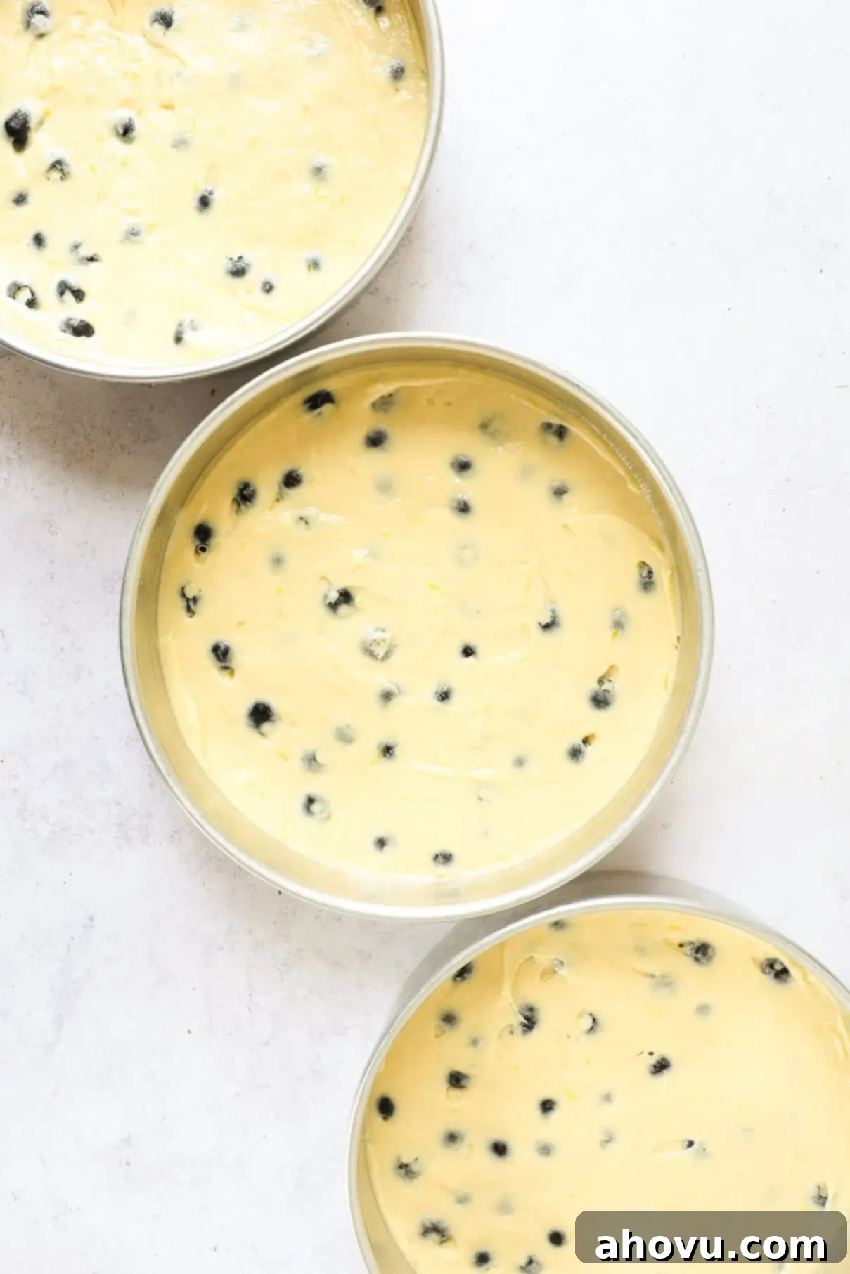 Three round cake pans, each filled with lemon blueberry cake batter, showing the blueberries evenly distributed.