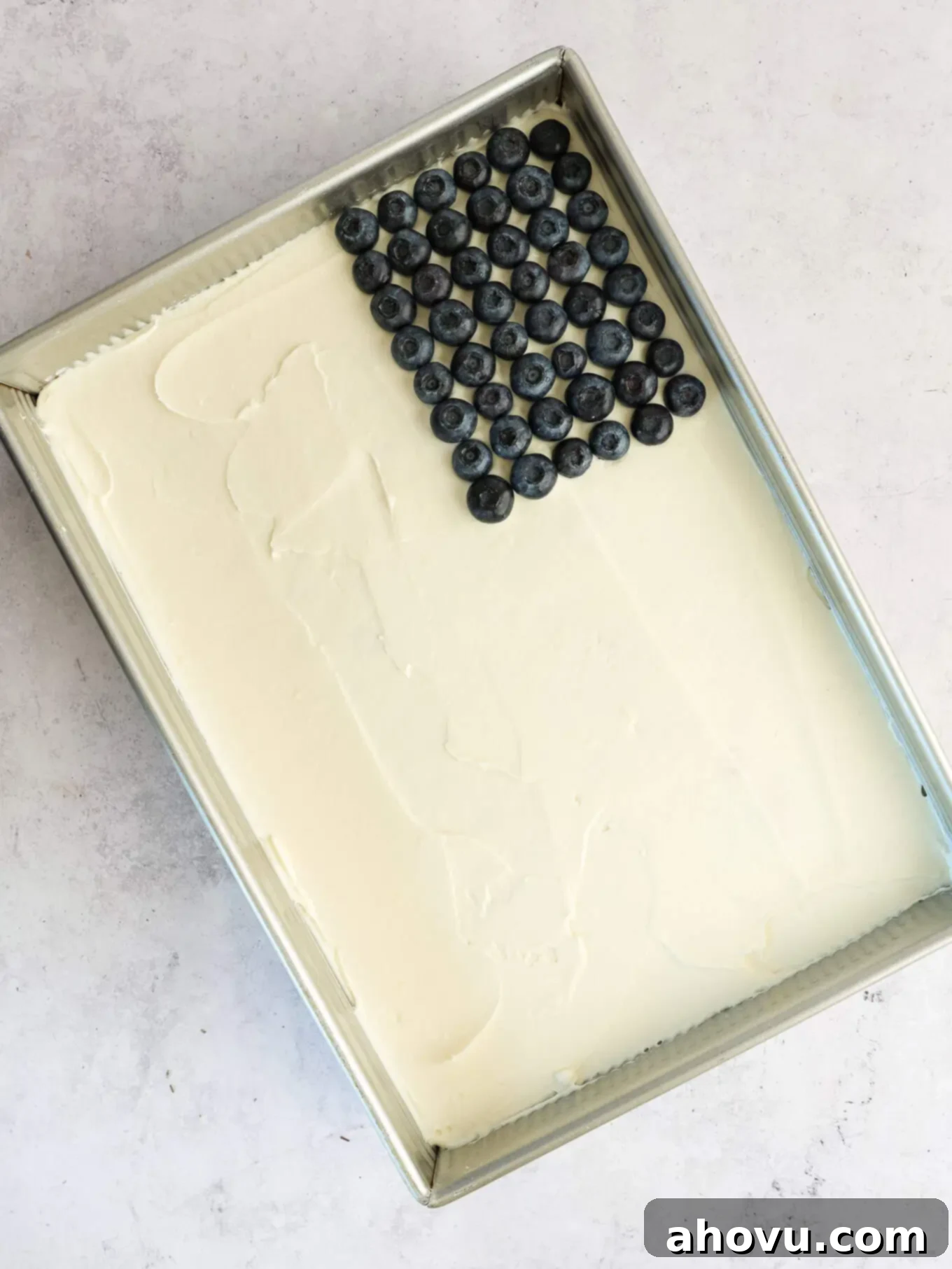 A white frosted cake with a distinct rectangle of blueberries positioned in the upper left corner.