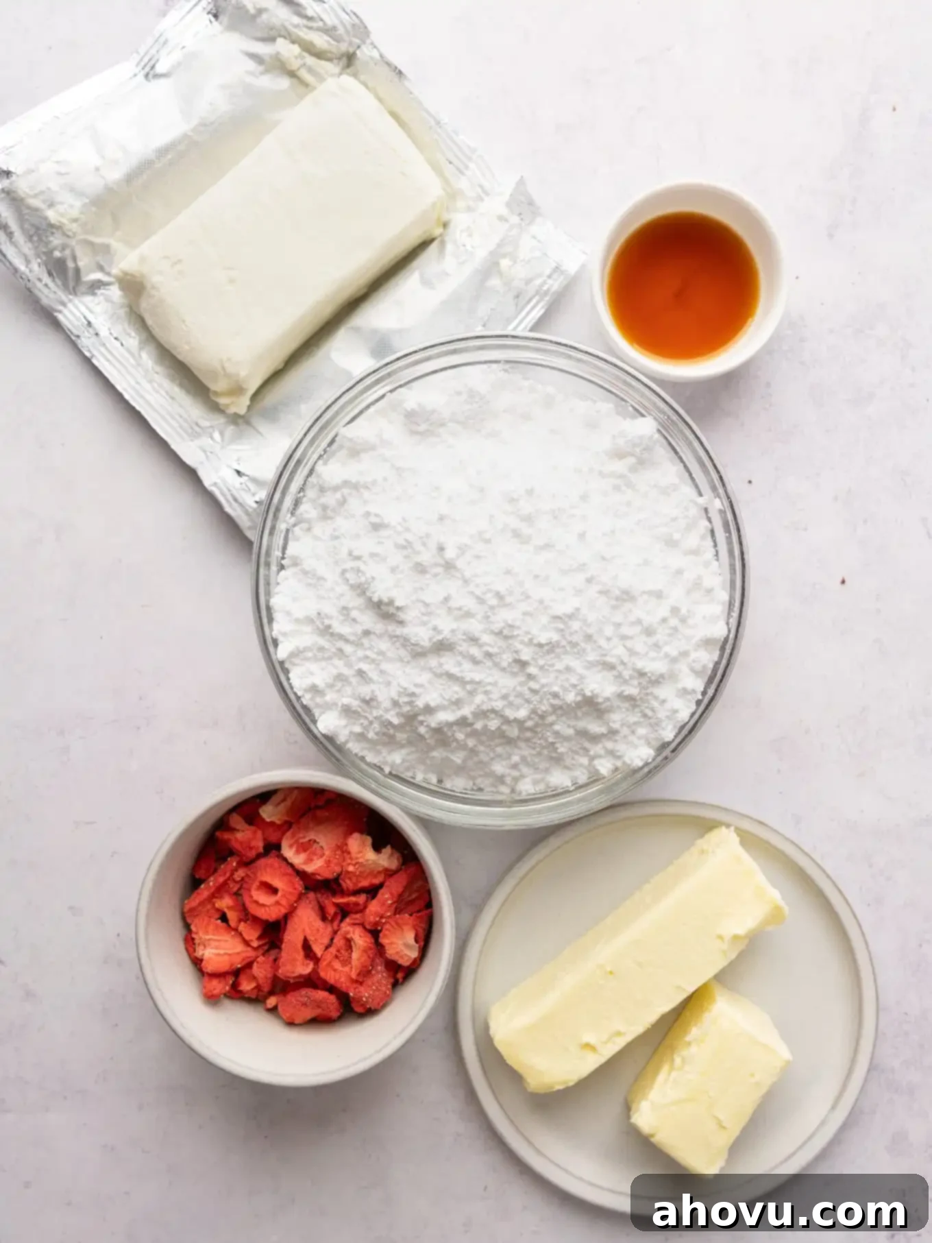 Dreamy Strawberry Cream Cheese Topping 3 All the essential ingredients neatly arranged for making a batch of strawberry cream cheese frosting.