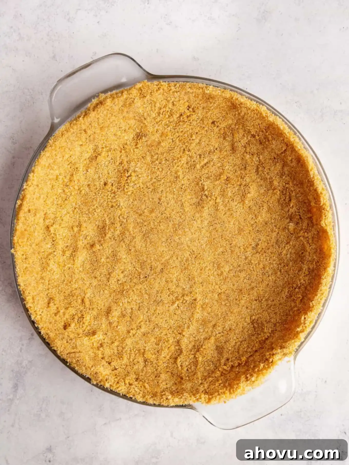 An overhead view of a perfectly formed graham cracker crust, firmly pressed into a pie plate, with high sides ready for filling.