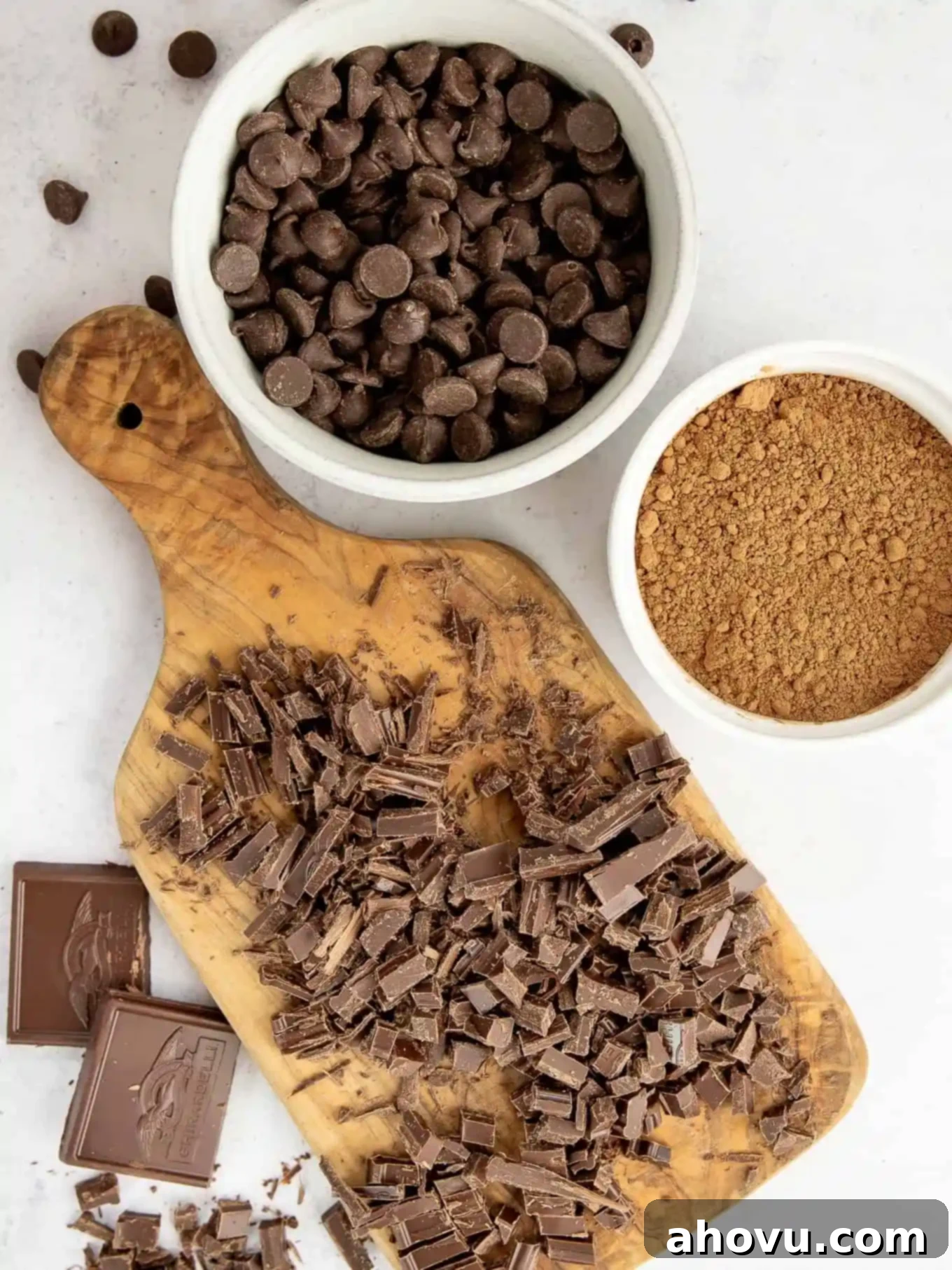 Golden Brown Butter Brownies 3 An overhead view of chocolate chips, cocoa powder, and chopped chocolate.