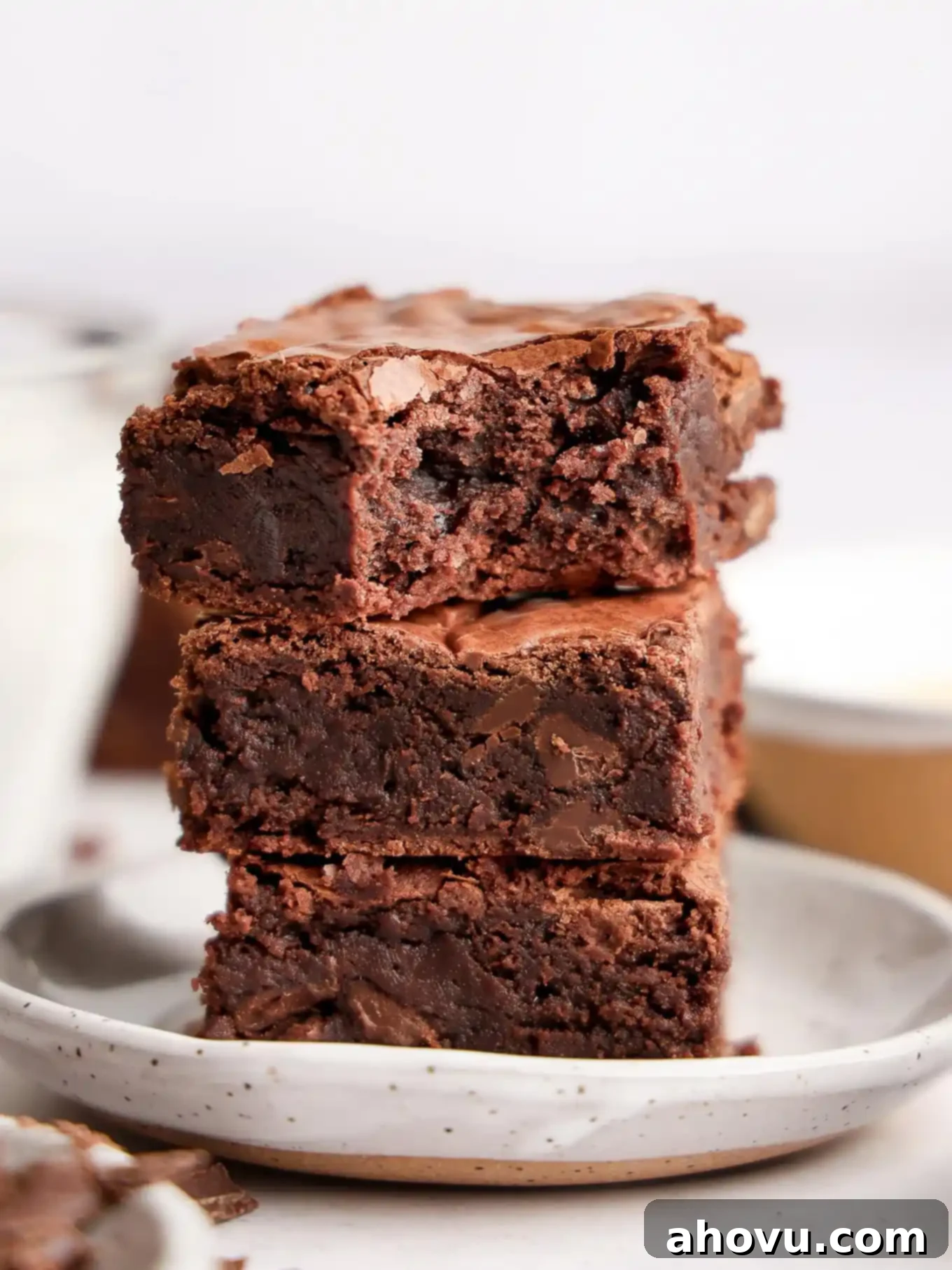 Golden Brown Butter Brownies 7 A stack of three brownies made with brown butter.