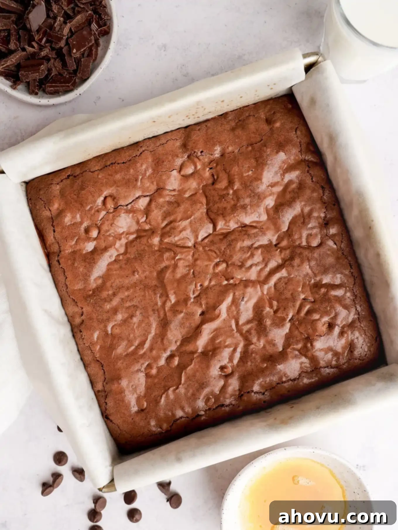 Golden Brown Butter Brownies 8 An overhead view of a pan of brown butter brownies.