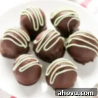 A close-up shot of a single perfectly coated mint chocolate truffle, ready to be enjoyed.