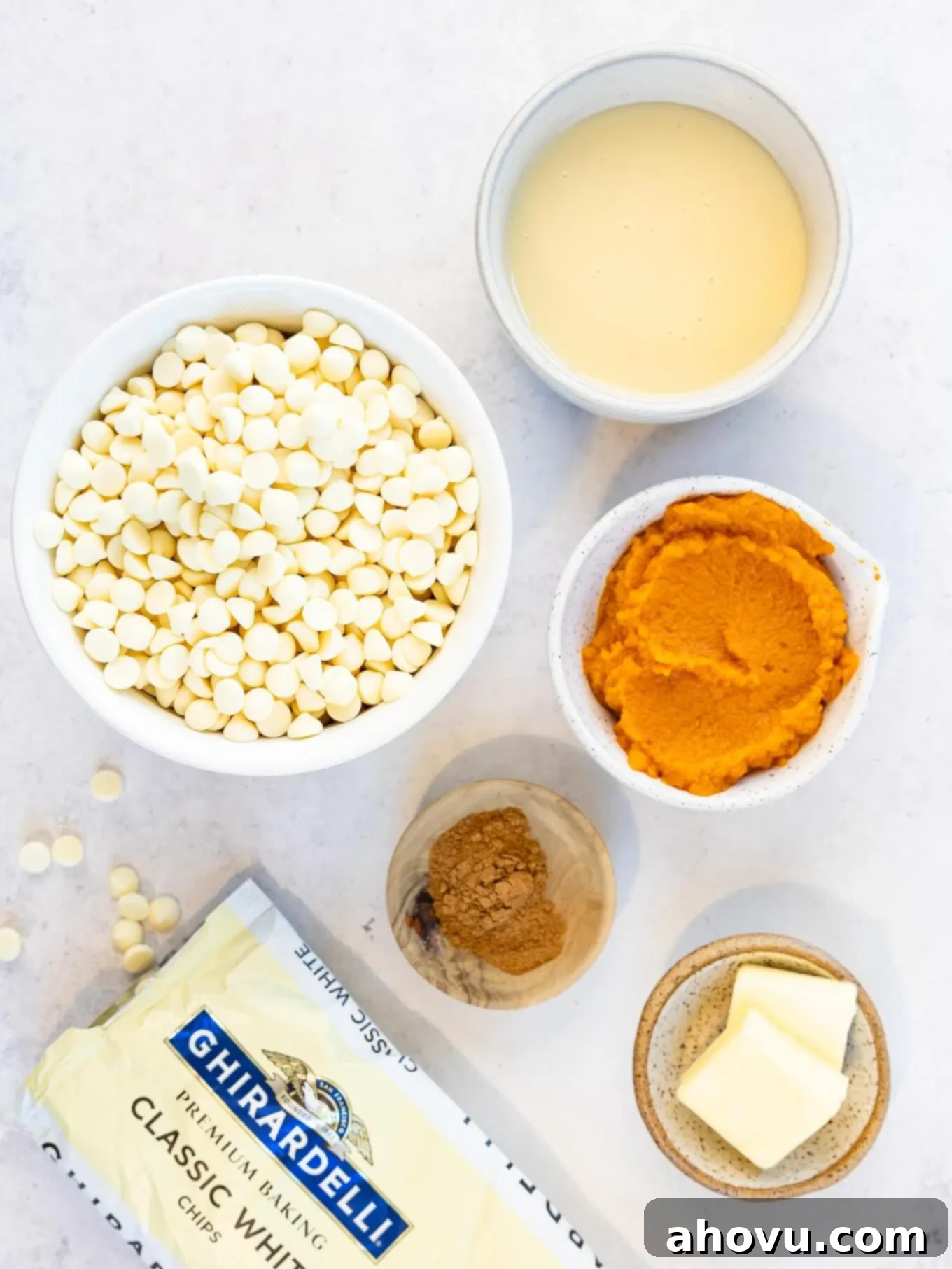 Pumpkin Spice Fudge 3 An overhead view showcasing all the essential ingredients for pumpkin fudge neatly arranged on a counter.