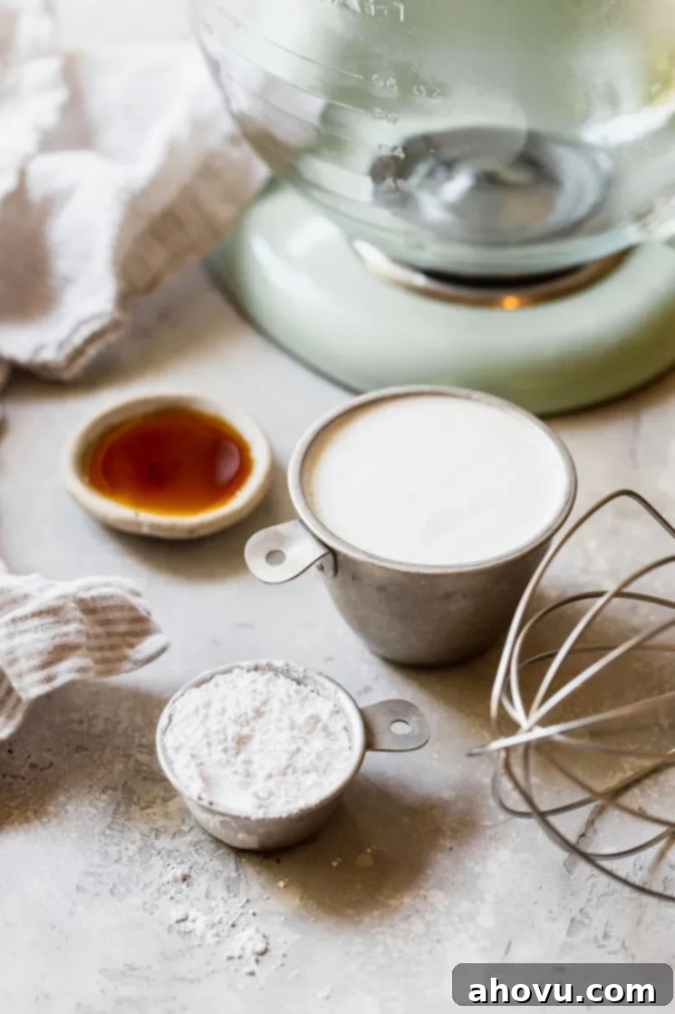 Artisan Whipped Cream 3 The ingredients for whipped cream sitting on top of a gray surface with a stand mixer in the background.