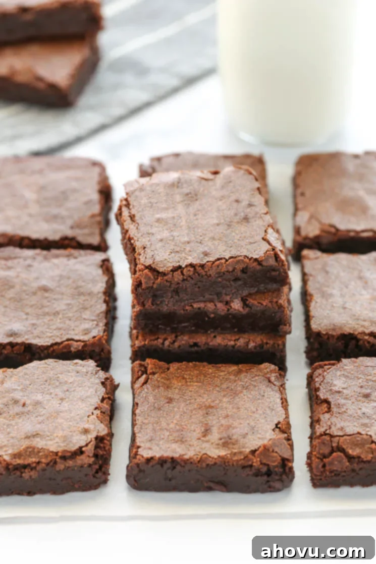 Heavenly Homemade Brownies 5 A delightful arrangement of sliced fudgy brownies, a refreshing glass of milk, and more brownies in the background, inviting a delicious treat.