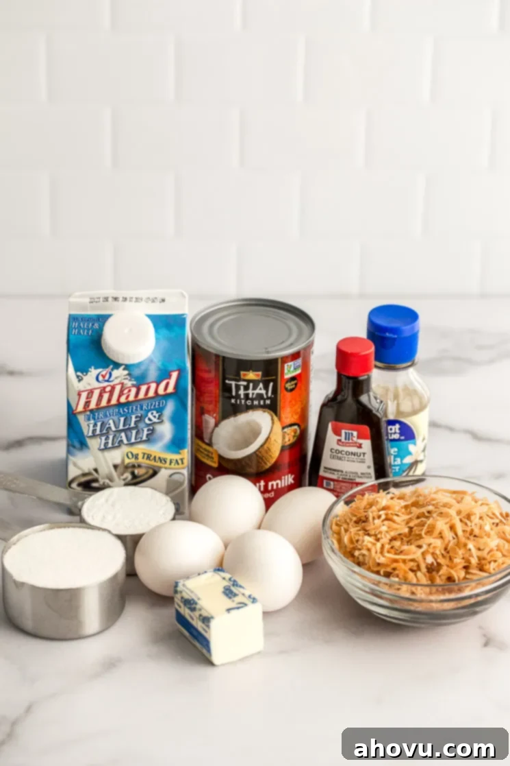 A flat lay photograph displaying all the fresh and essential ingredients required to make a luscious homemade coconut cream pie, neatly arranged on a kitchen counter.