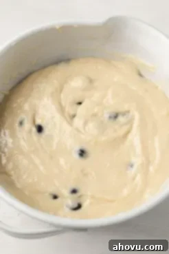 An overhead view of lemon blueberry quick bread batter in a large white mixing bowl, ready for baking.