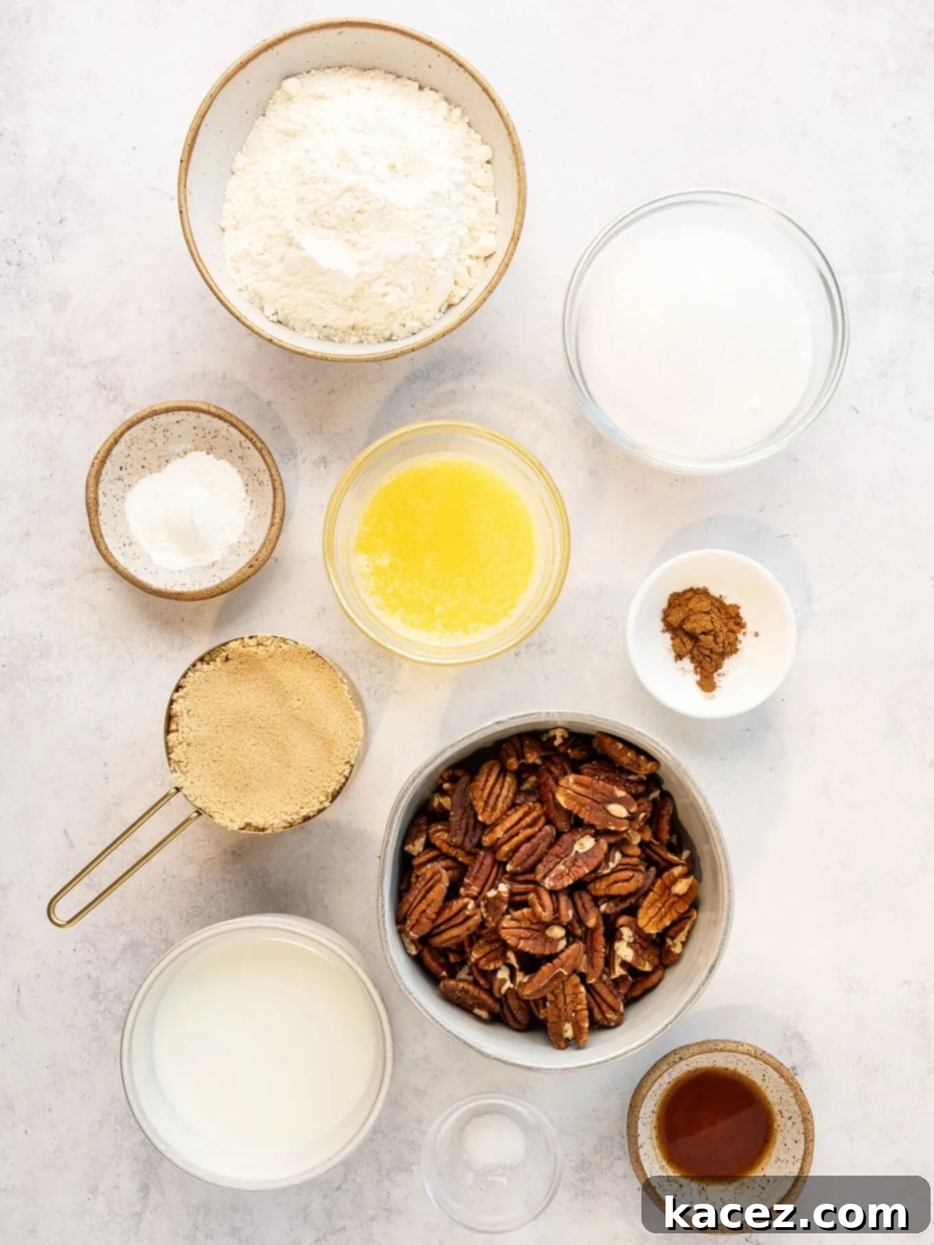 Pecan Cobbler Delight 3 An overhead view of the essential ingredients for pecan pie cobbler, beautifully arranged for a visual guide.