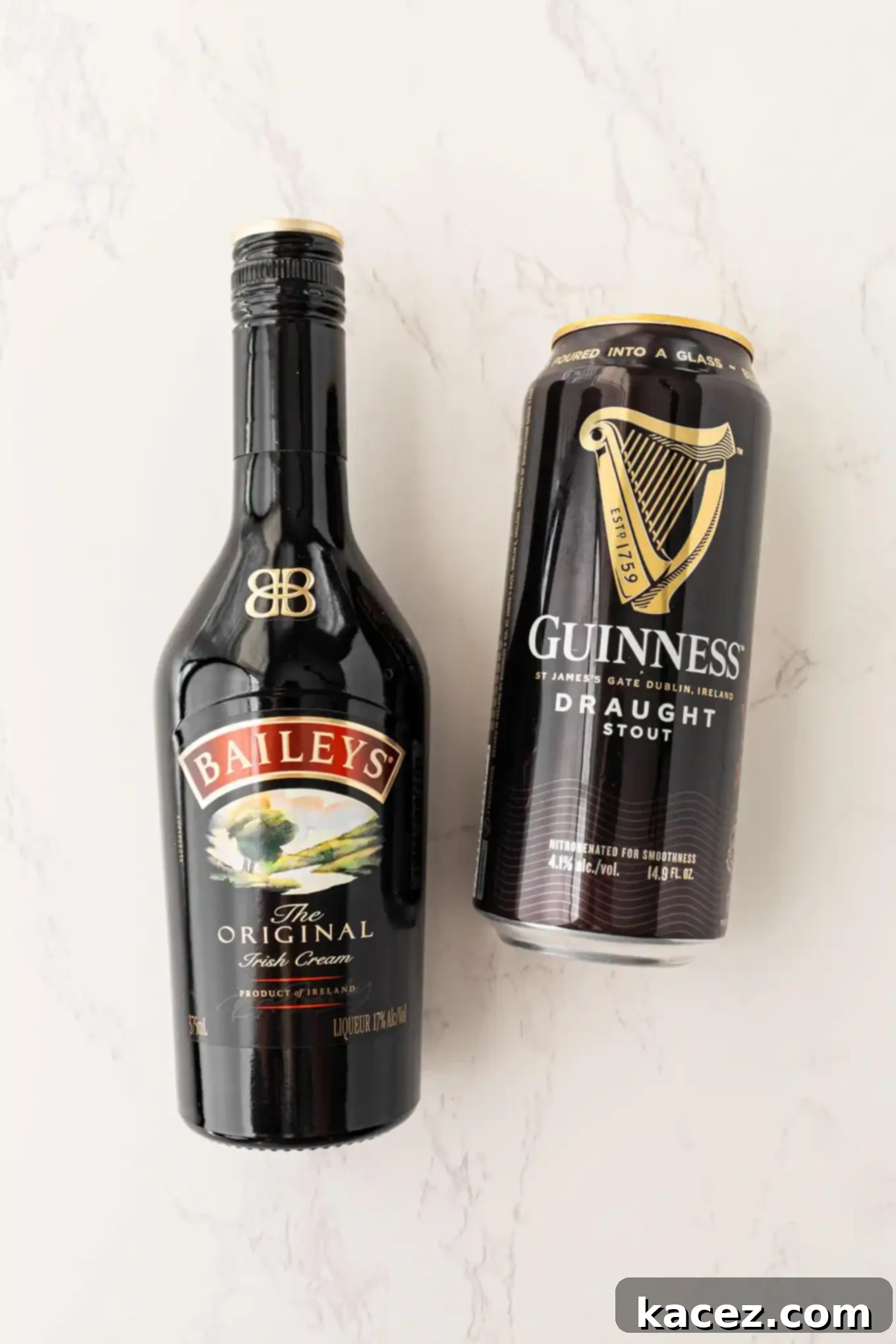 Guinness Chocolate Dream Cake 3 A bottle of Baileys Irish Cream and a can of Guinness beer, key ingredients for the recipe.