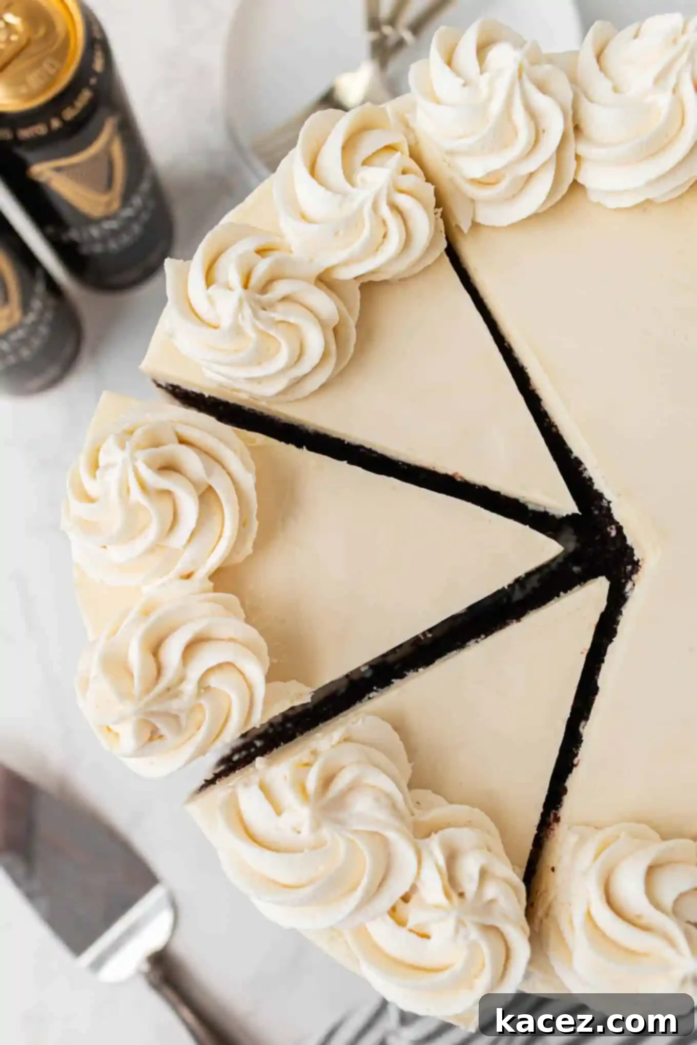 Guinness Chocolate Dream Cake 10 A tempting overhead view of a perfectly sliced Guinness chocolate cake.